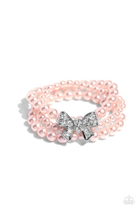 pearls,pink,rhinestones,stretchy,How Do You Do? - Pink Pearl Rhinestone Bow Stretchy Bracelet