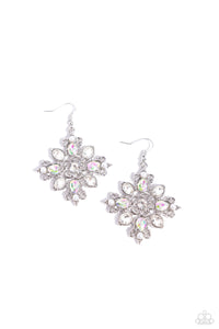 fishhook,pearls,white,Fancy-Free Florals - White Iridescent Rhinestone Earrings