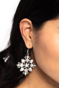 fishhook,pearls,white,Fancy-Free Florals - White Iridescent Rhinestone Earrings