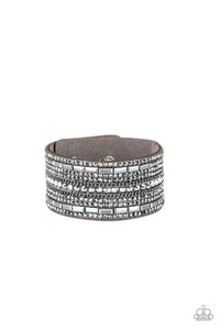 leather,rhinestones,silver,snap,wrap,Rebel Radiance Silver Bracelet